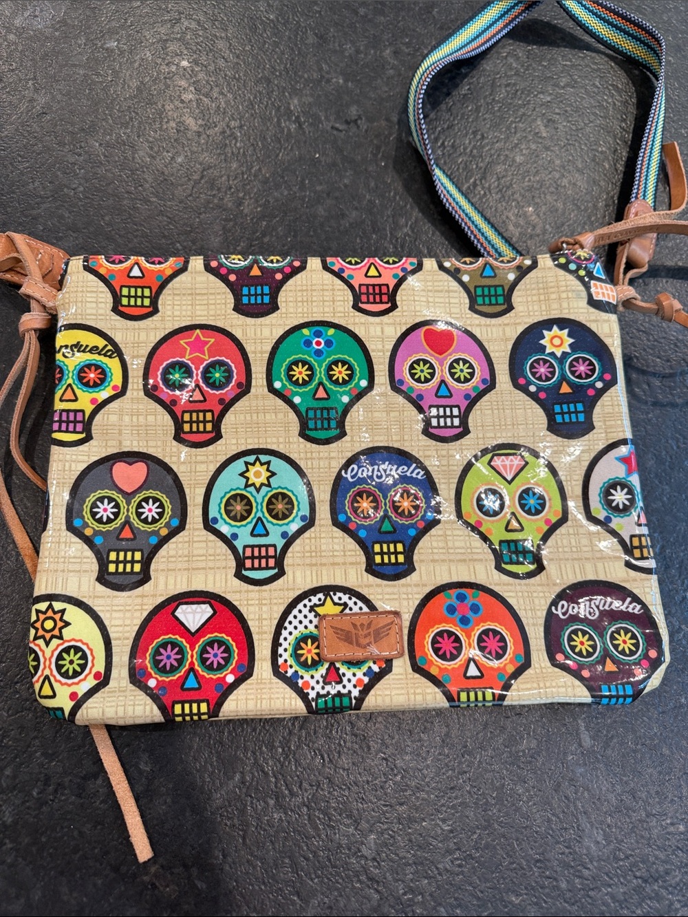 Consuela Multicolor Sugar Skull Crossbody in Tan and Bright Accents - Picture 2 of 5
